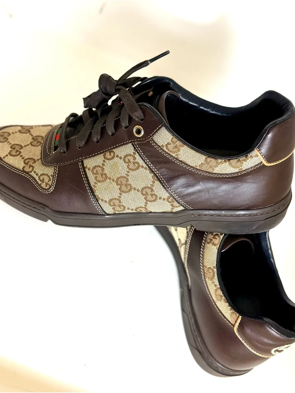 Gucci Brown GG Canvas & Dark Brown Leather Sneakers with Green-Red Web Size 8